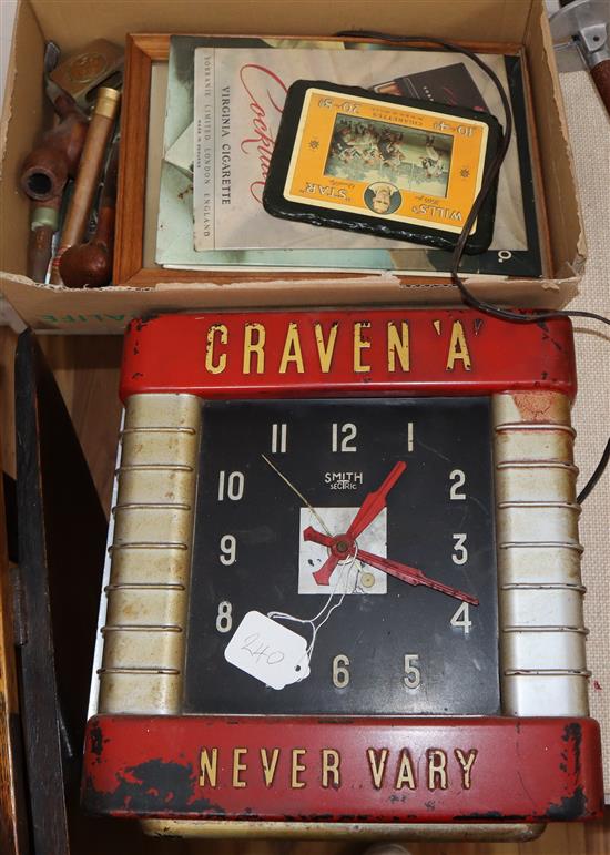 A Smiths Craven A advertising wall clock and mixed smoking related ephemera